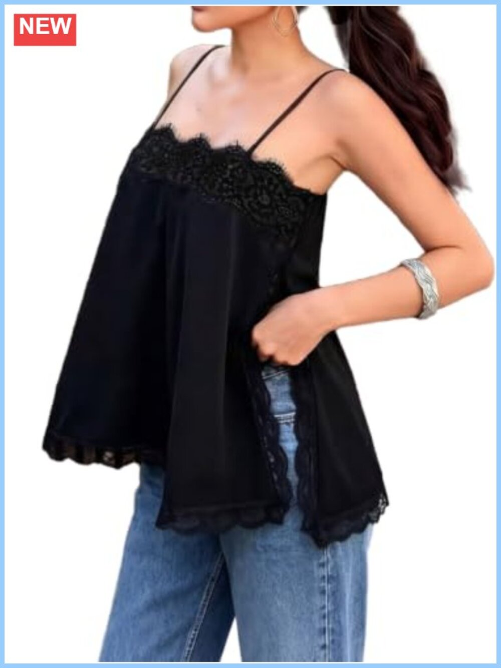 Satin Lace Square Neck Flowy Cami Top Sleeveless Summer Blouse